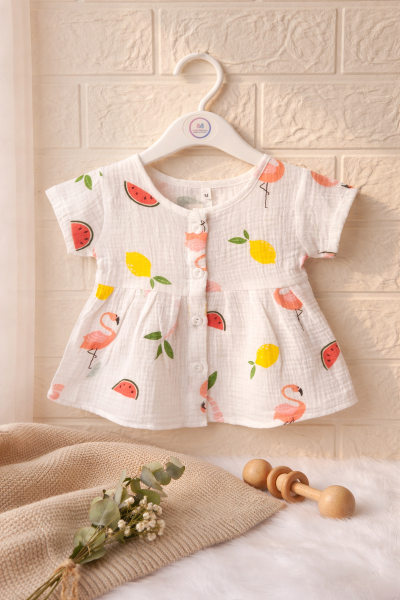 Crinkled Muslin Baby Frock – Flamingo & Fruit Print