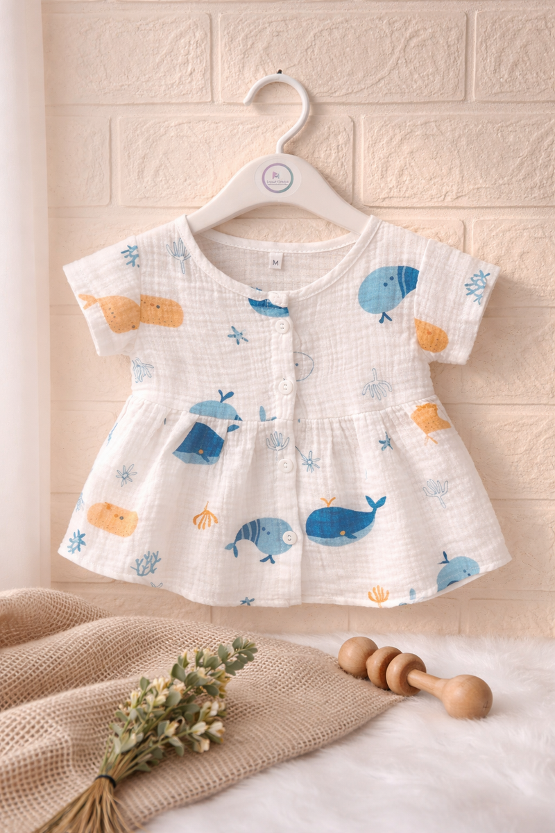 Whale Print Crinkled Muslin  Frock
