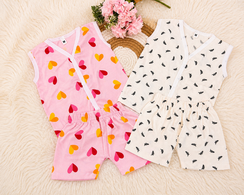 Pack of 2 Newborn Baby Cotton Jabla Set (3-6 Months) | Sleeveless Front Open Top & Shorts Combo | Soft Breathable Infant Clothing (Heart & Leaf Print)