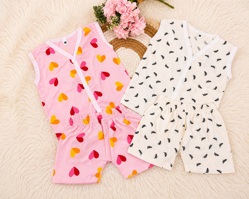 Pack of 2 Newborn Baby Cotton Jabla Set (3-6 Months) | Sleeveless Front Open Top & Shorts Combo | Soft Breathable Infant Clothing (Heart & Leaf Print)