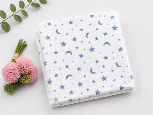 Baby Muslin Swaddle Blanket 110x120 cm – Star & Moon Print, Soft Breathable Cotton Wrap for Newborns