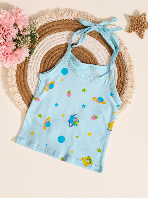 Newborn Knot Jabla – Sky Blue Space Bear Print | Soft Knitted Cotton Baby Top.