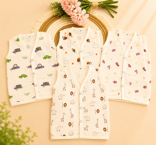 Soft Muslin Cotton Baby Jabla Combo 2 – Pack of 4 for Newborn Baby Boy & Girl | Sleeveless Front Open Daily Wear Jabla | Soft Summer Wear (Medium Size)