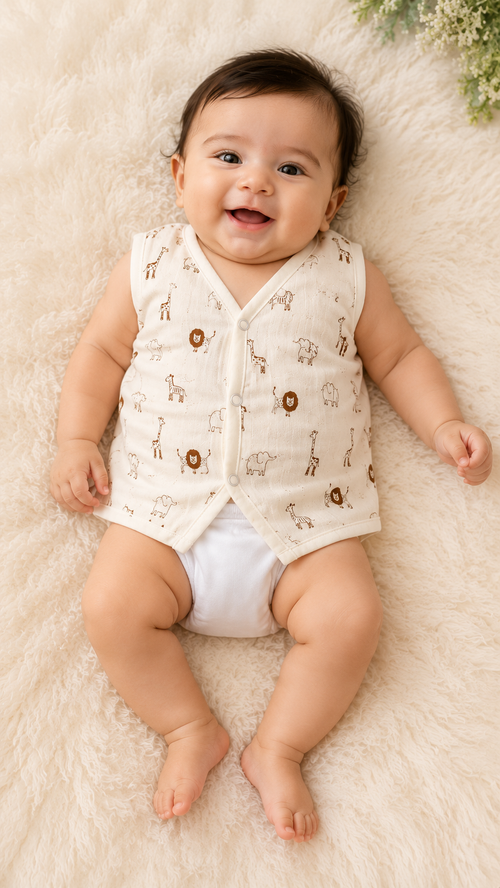 Soft Muslin Cotton Baby Jabla for Newborn Baby Boy & Girl | Cute Safari Animal Print Sleeveless Front Open Jabla | Soft Daily Wear Summer Wear for 0–6 Months (Medium)