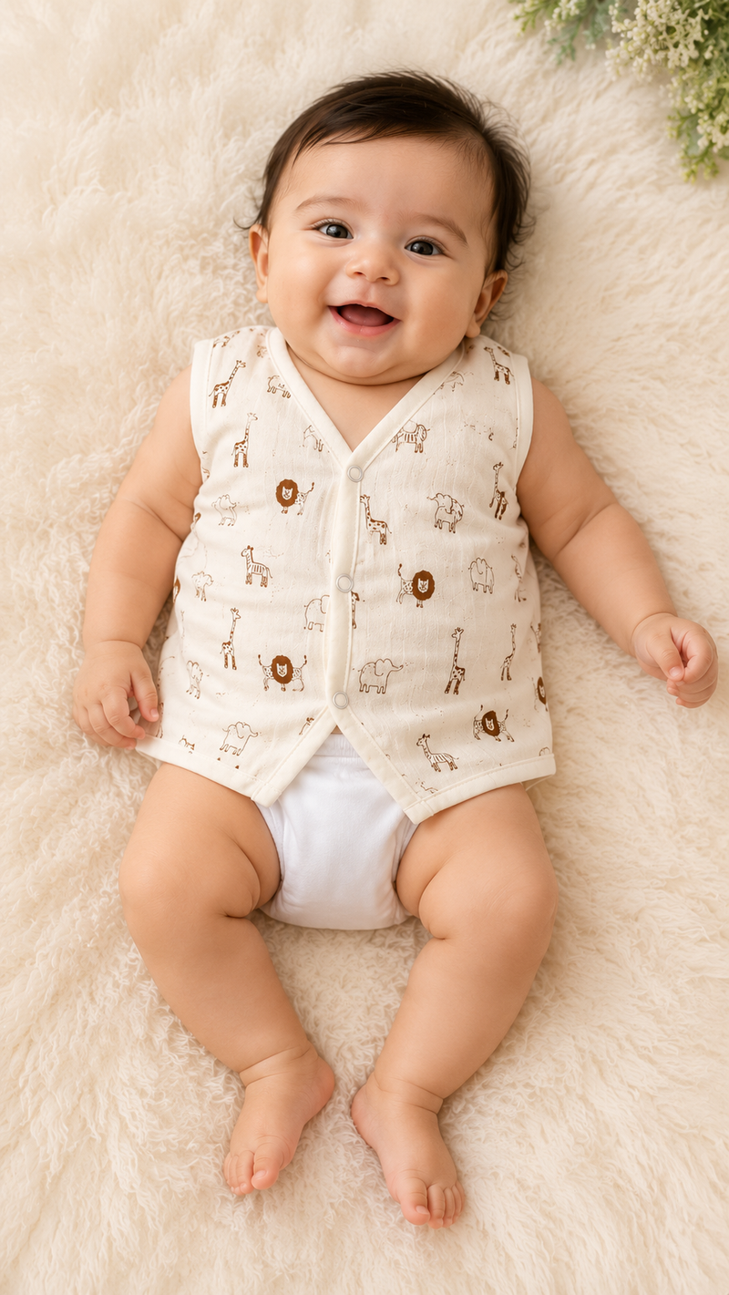 Soft Muslin Cotton Baby Jabla for Newborn Baby Boy & Girl | Cute Safari Animal Print Sleeveless Front Open Jabla | Soft Daily Wear Summer Wear for 0–6 Months (Medium)