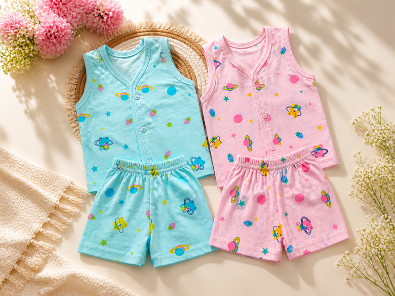 Baby Sleeveless Knitted Cotton Set Pack of 2 (0–3 Months) – Soft Breathable Newborn Vest & Shorts Combo Pink&Blue