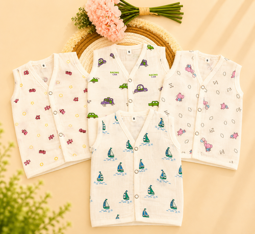 Soft Muslin Cotton Baby Jabla Combo 2 – Pack of 4 for Newborn Baby Boy & Girl | Sleeveless Front Open Daily Wear Jabla | Soft Summer Wear (Small Size)