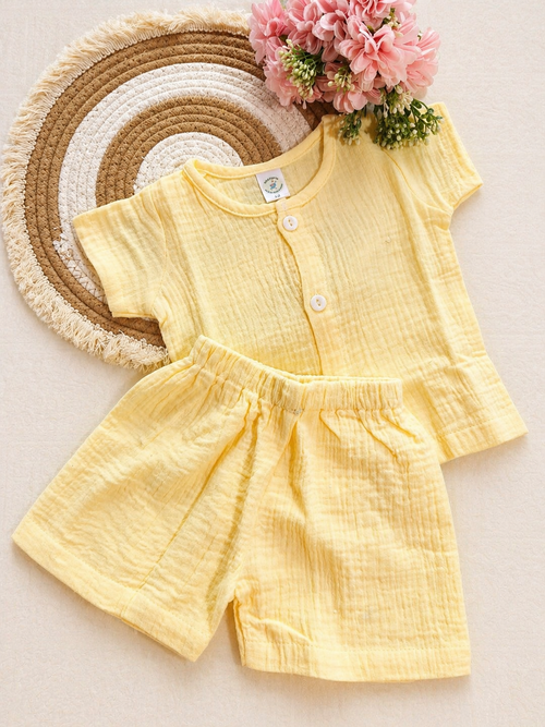 Yellow Crinkled Muslin Boys Co-ord Set | Soft Cotton Shirt & Shorts Set for Baby Boys (3-12 months) | Lightweight Breathable Summer Outfit