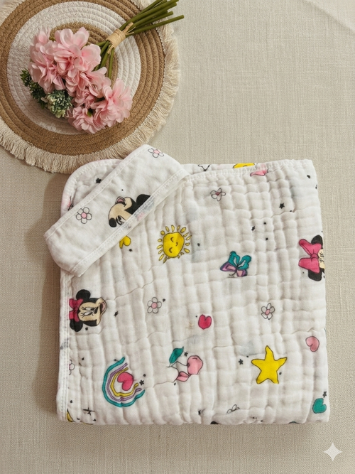 Premium 6 Layer Muslin Hooded Baby Towel | Ultra Soft Cotton Bath Towel for Newborn & Infants | Quick Dry, Highly Absorbent | Sunny Minnie Muslin Hooded Towel (0–2 Years)