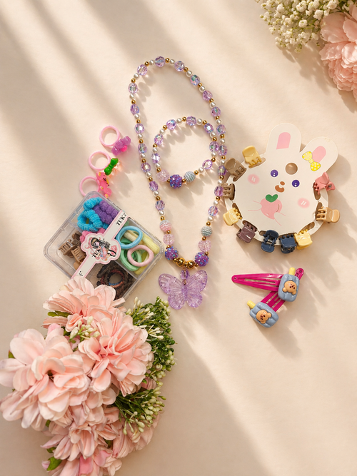 Kids Chain Bracelet Hair Accessories Ring Combo Set in Multicolor Cute Cartoon Design with Necklace and Clips for Girls
