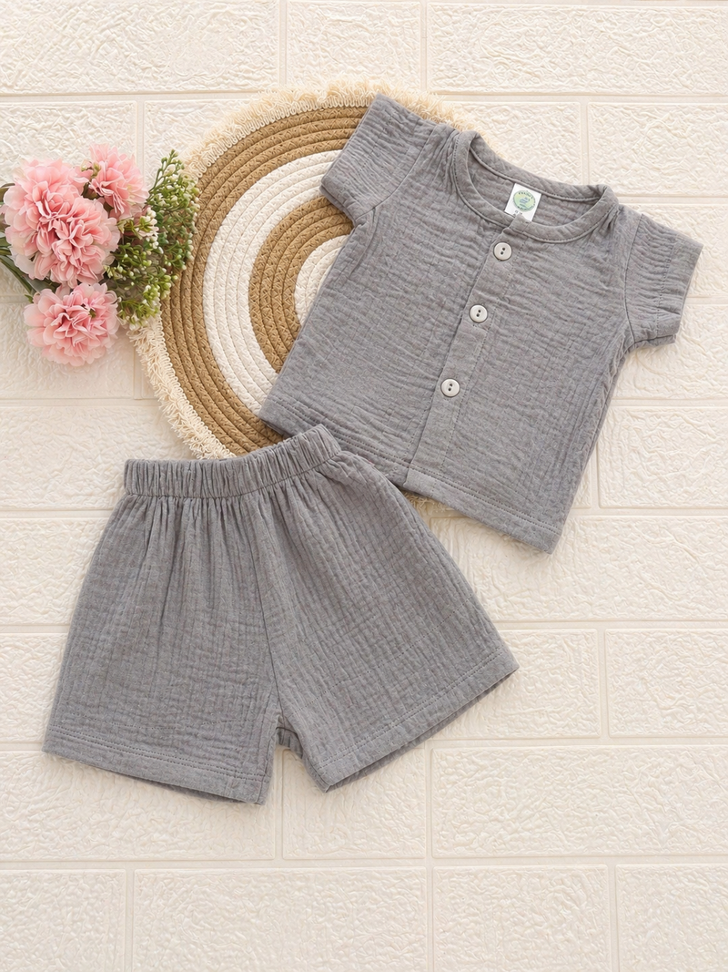 Grey Crinkled Muslin Boys Co-ord Set | Soft Cotton Shirt & Shorts Set for Baby Boys (0-12 months) | Lightweight Breathable Summer Outfit