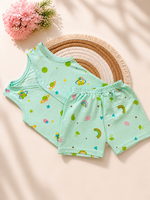 Baby Sleeveless Knitted Cotton Set Pack of 2 (0-6 Months) – Soft Breathable Newborn Vest & Shorts Combo Pink&Green