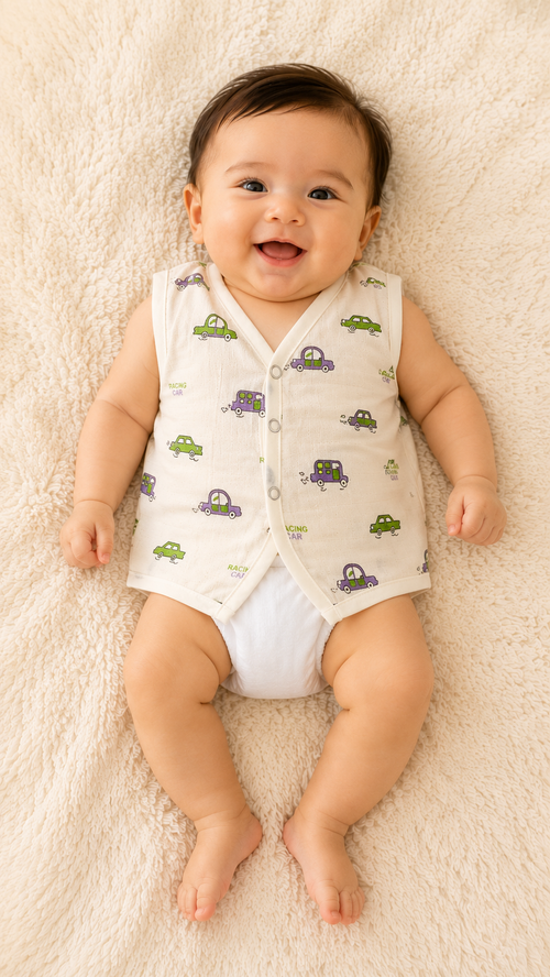 Soft Muslin Cotton Baby Jabla for Newborn Baby Boy & Girl | Cute Racing Car Print Sleeveless Front Open Jabla | Soft Daily Wear Summer Wear for 0–6 Months (Small/Medium)