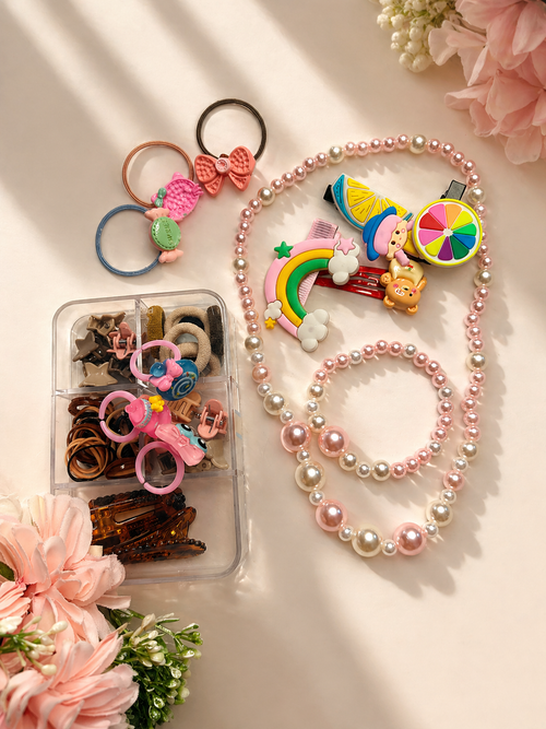 Kids Hair Accessories Combo Set with Clips, Hair accessories ,Rings Pearl Necklace and Bracelet Set for Girls