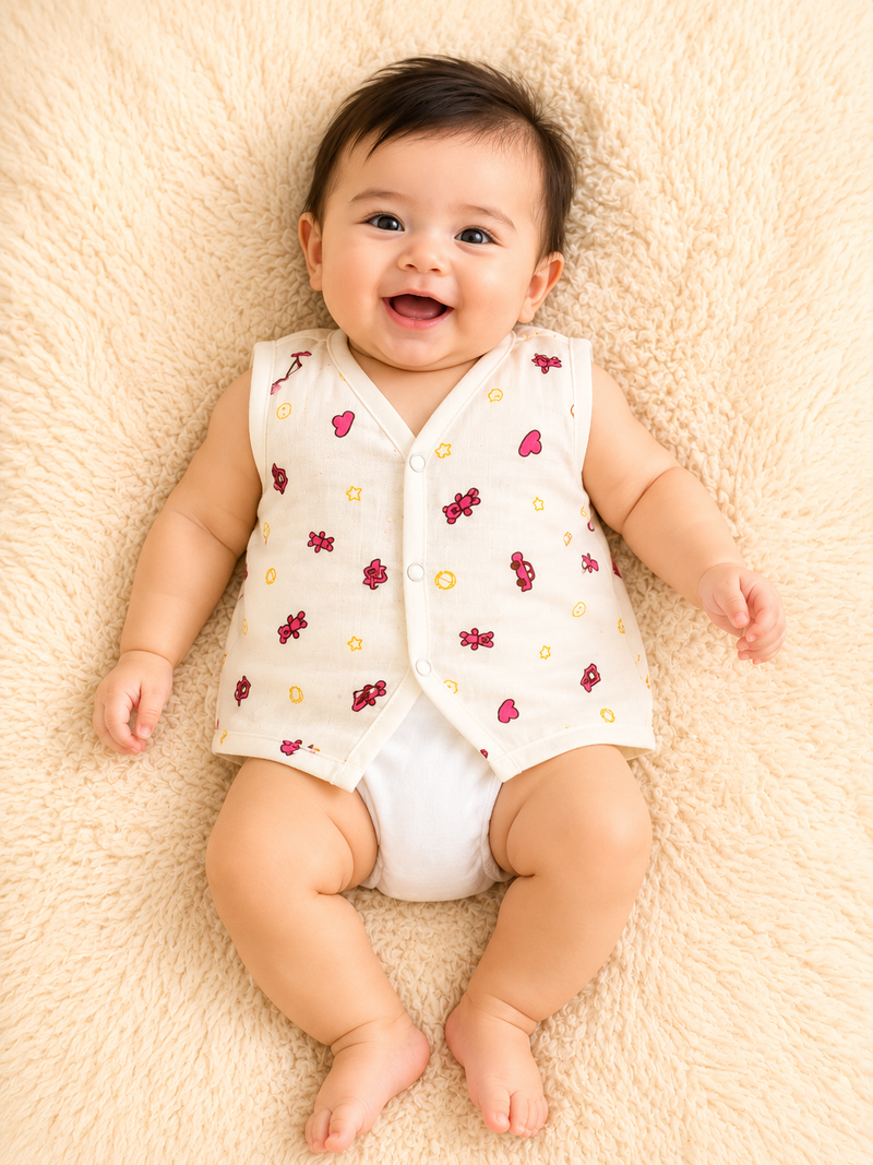 Soft Muslin Cotton Baby Jabla for Newborn Baby Boy & Girl | Cute Pink Toy Print Sleeveless Front Open Jabla | Soft Daily Wear Summer Wear (Small/Medium)