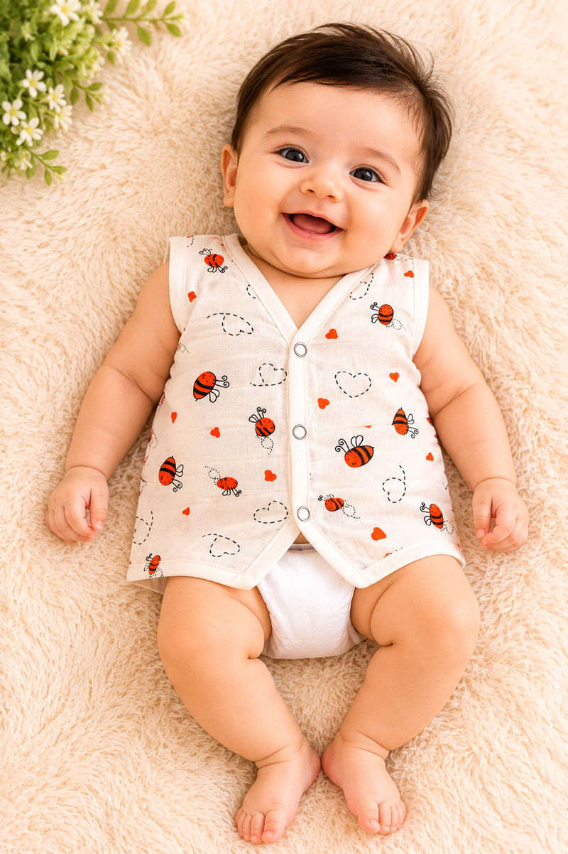 Soft Muslin Cotton Baby Jabla for Newborn Baby Boy & Girl | Bee Print Sleeveless Front Open Jabla | Soft Daily Wear Summer Wear for 0-6 Months (Small/Medium)