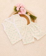 Pack of 2 Newborn Baby Cotton Jabla Set (0–6 Months) | Sleeveless Front Open Top & Shorts Combo | Soft Breathable Infant Clothes (Heart & Mint Print)