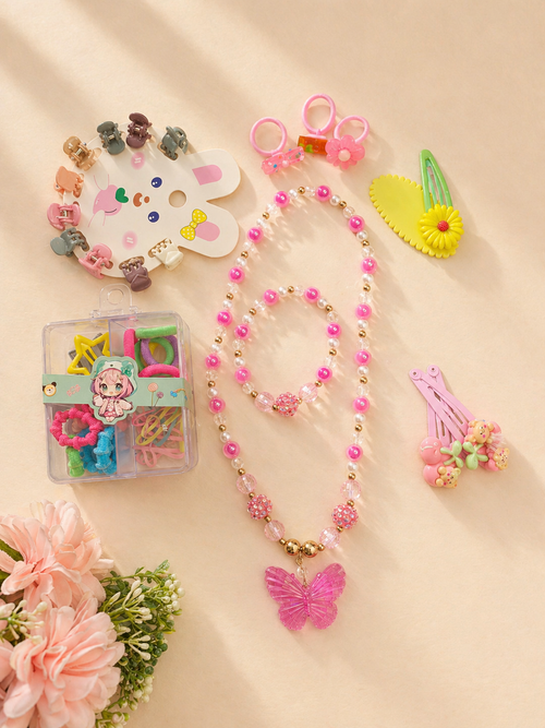 Pink Butterfly Beaded Necklace with Matching Bracelet set Haie accessories and Ring combo