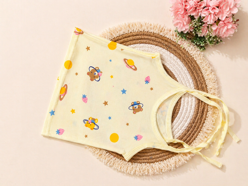 Soft Knitted Cotton Knot Jabla – Yellow Space Bear Print | Comfortable Baby Top