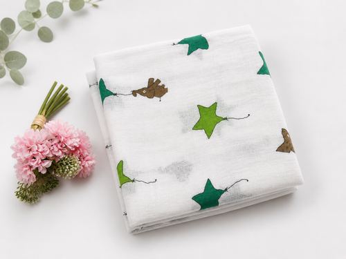 Baby Muslin Swaddle Blanket 110x120 cm – Green Star & Animal Print, Soft Breathable Cotton Wrap