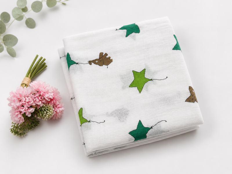 Baby Muslin Swaddle Blanket 110x120 cm – Green Star & Animal Print, Soft Breathable Cotton Wrap