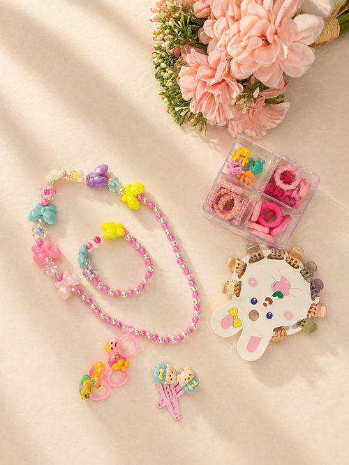 Kids Multicolor Pastel Beaded Chain Bracelet Jewellery and Hair Accessories Combo Set with Cute Cartoon Design Clips and Rings for Girls
