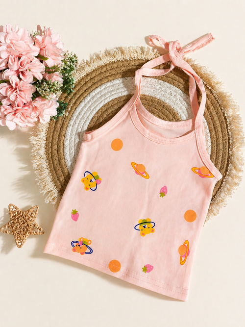 Baby Knot Jabla – Peach Bear Moon Print | Knitted Cotton Newborn Tie-Up Top