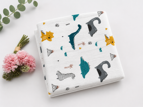 Baby Muslin Swaddle Blanket 110x120 cm – Dinausar Print, Soft Breathable Cotton Wrap for Newborns