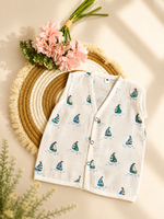 Soft Muslin Cotton Baby Jabla for Newborn Baby Boy & Girl | Cute Sailboat Print Sleeveless Front Open Jabla | Soft Daily Wear Summer Wear (Small/Medium)