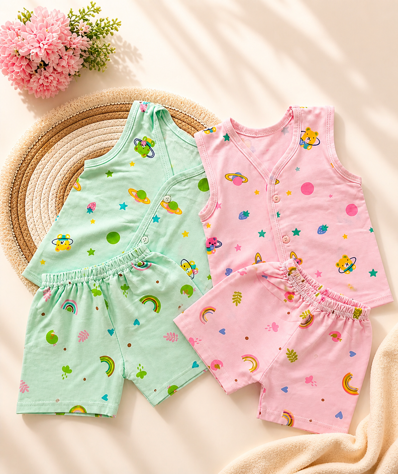 Baby Sleeveless Knitted Cotton Set Pack of 2 (0-6 Months) – Soft Breathable Newborn Vest & Shorts Combo Pink&Green