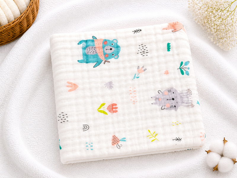 6 Layer Muslin Baby Bath Towel 50x100 cm | Soft Cotton Cartoon Print Towel | Ultra Absorbent Infant Towel