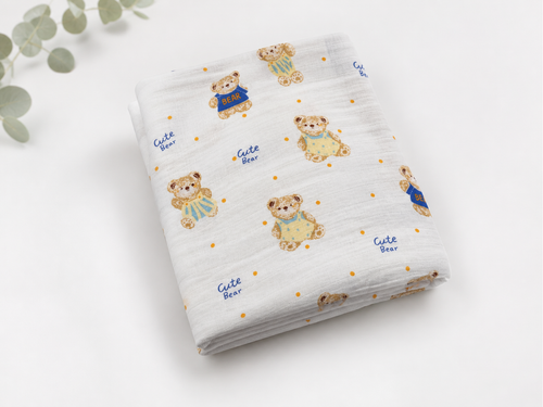 Baby Muslin Swaddle Blanket 110x120 cm – Cute Bear Print, Ultra Soft Breathable Cotton Wrap, Newborn to 12 Months
