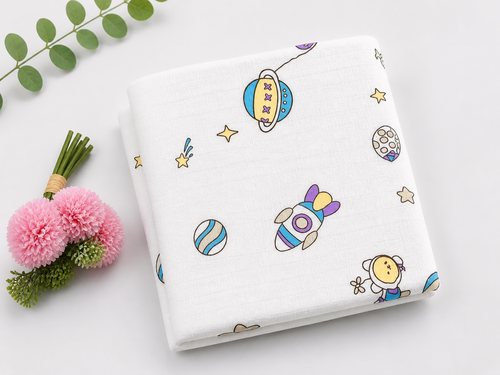 Baby Muslin Swaddle Blanket 110x120 cm – Space Rocket Print, Soft Breathable Cotton Wrap for Newborns