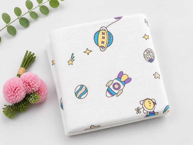 Baby Muslin Swaddle Blanket 110x120 cm – Space Rocket Print, Soft Breathable Cotton Wrap for Newborns