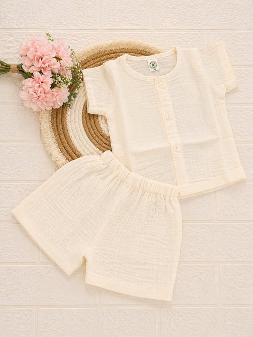 Ivory cream Crinkled Muslin Boys Co-ord Set | Soft Cotton Shirt & Shorts Set for Baby Boys (0-12 months) | Lightweight Breathable Summer Outfit
