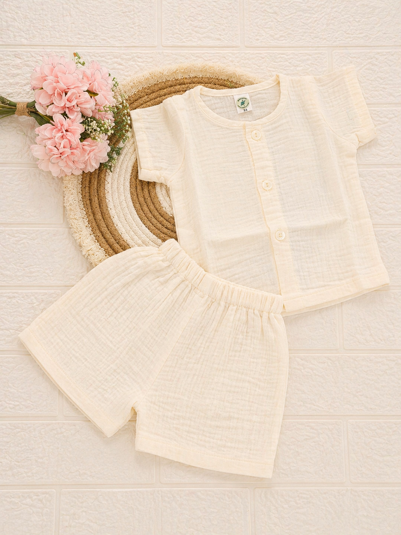 Ivory cream Crinkled Muslin Boys Co-ord Set | Soft Cotton Shirt & Shorts Set for Baby Boys (0-12 months) | Lightweight Breathable Summer Outfit