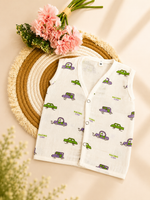 Soft Muslin Cotton Baby Jabla for Newborn Baby Boy & Girl | Cute Racing Car Print Sleeveless Front Open Jabla | Soft Daily Wear Summer Wear for 0–6 Months (Small/Medium)