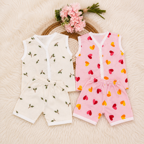 Pack of 2 Baby Cotton Clothing Set | Soft Newborn Sleeveless Jabla & Shorts Combo (0–3 Months)