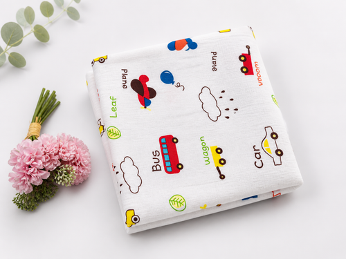 Baby Muslin Swaddle Blanket 110x120 cm – Transport Vehicle Print, Soft Breathable Cotton Wrap for Newborns