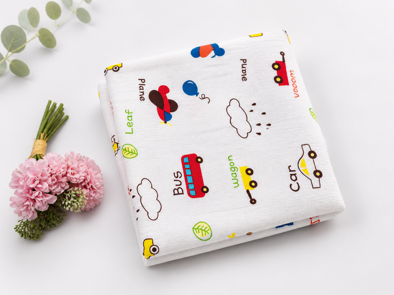 Baby Muslin Swaddle Blanket 110x120 cm – Transport Vehicle Print, Soft Breathable Cotton Wrap for Newborns