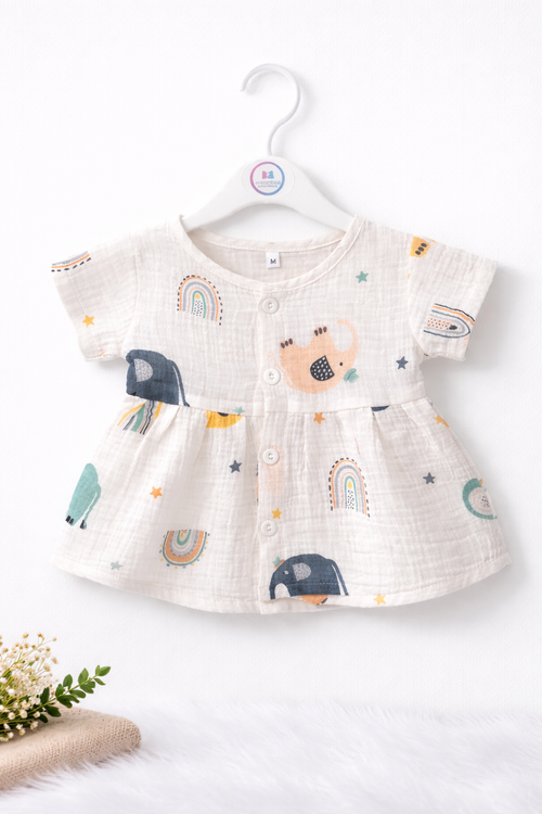 Crinkled Muslin Baby Frock – Elephant print