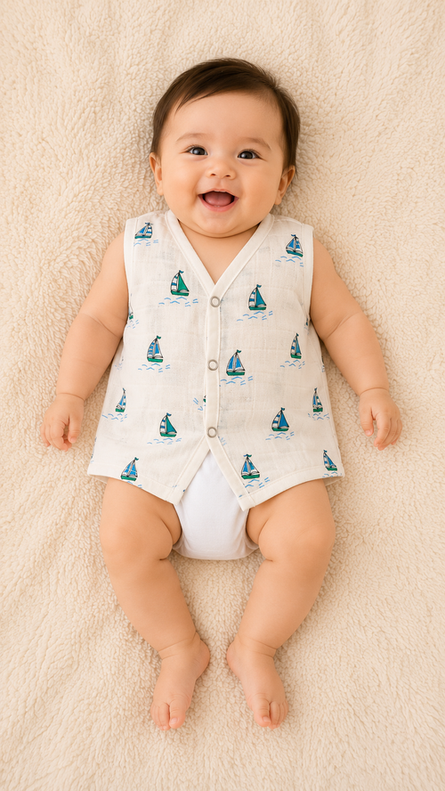 Soft Muslin Cotton Baby Jabla for Newborn Baby Boy & Girl | Cute Sailboat Print Sleeveless Front Open Jabla | Soft Daily Wear Summer Wear (Small/Medium)
