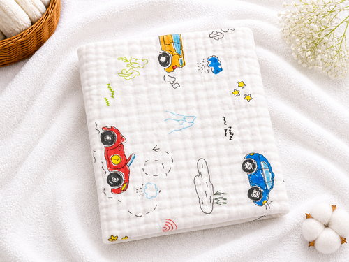 6 Layer Muslin Baby Bath Towel 50x100 cm | Car Vehicle Print Cotton Baby Towel | Soft Absorbent Bath Cloth