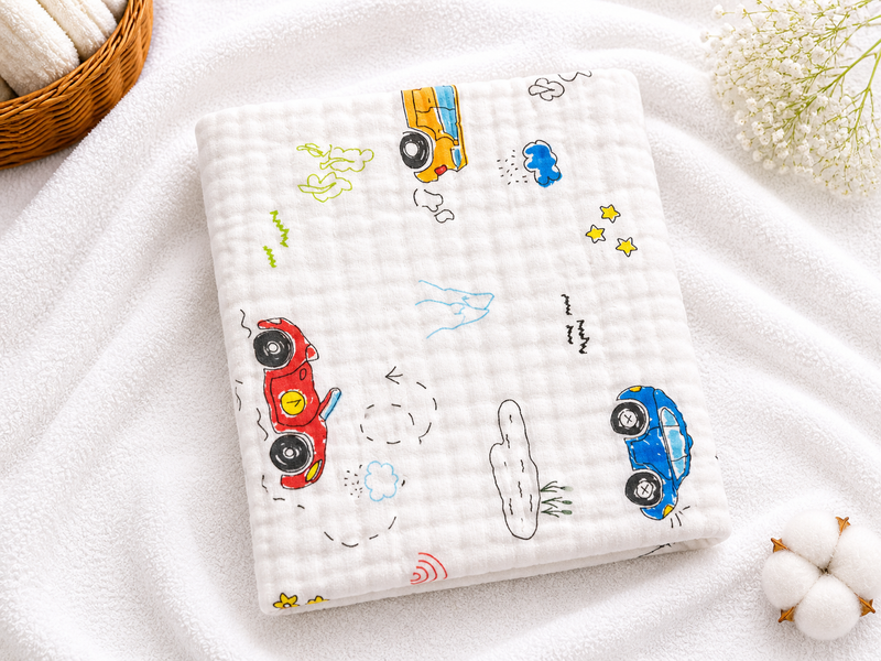 6 Layer Muslin Baby Bath Towel 50x100 cm | Car Vehicle Print Cotton Baby Towel | Soft Absorbent Bath Cloth